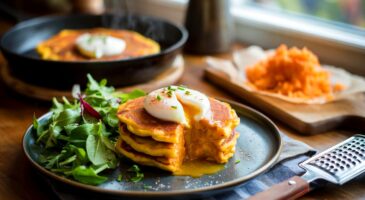 Ce dîner tout doux fait débat chez les gourmands : pancakes salés à la patate douce, 250 g suffisent pour un moelleux bluffant