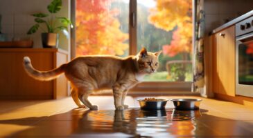 Automne 2025, ce chat qui tourne le dos à sa gamelle près du bol d'eau cache souvent un malaise discret qui vous concerne