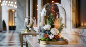 Ce détail chic des palaces en novembre 2025 réinvente la déco de Noël chez les pros, la composition florale sous cloche séduit enfin