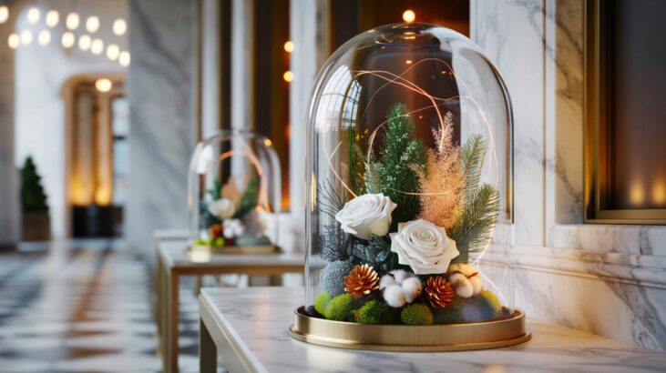 Ce détail chic des palaces en novembre 2025 réinvente la déco de Noël chez les pros, la composition florale sous cloche séduit enfin