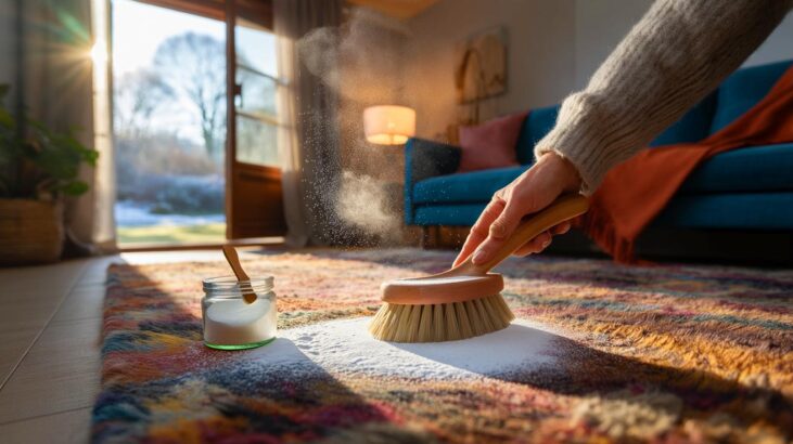 Voici la méthode maligne hiver 2025 pour dire stop à la poussière incrustée sur le tapis, sans aspirateur et avec un simple ingrédient