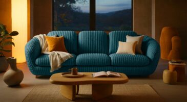 Voici le canapé Habitat à 769 € en novembre 2025 qui intrigue les fans de déco, un 3 places au tissu bleu canard pensé pour cocooner