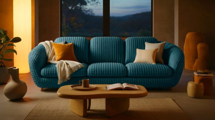 Voici le canapé Habitat à 769 € en novembre 2025 qui intrigue les fans de déco, un 3 places au tissu bleu canard pensé pour cocooner