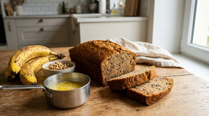 Avant de jeter vos bananes trop mûres, testez ce cake au beurre doré et aux noix : zéro gaspi, maximum plaisir