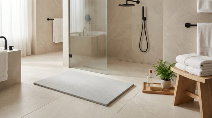 Je n’utilise plus de tapis de bain classique : ce tapis en pierre des hôtels garde chez vous le sol sec et propre